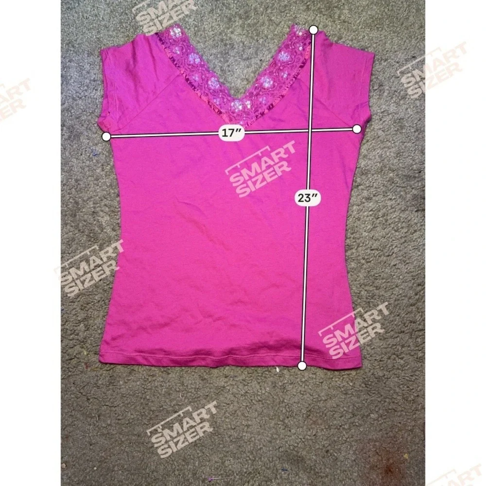 Ellemenno‎ Hot Pink Cotton Sequin Lace V-Neck T-Shirt Y2K Women Medium NWOT